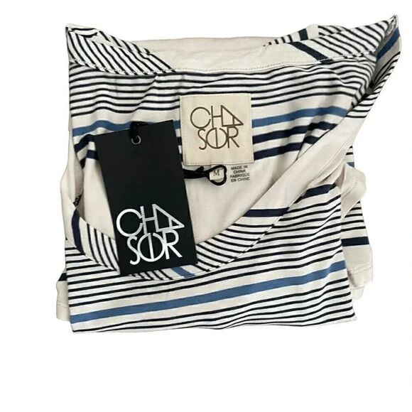 Chaser Stripes White Blue Short Sleeves Athleisure  Lightweight Blouse SZ M - Picture 6 of 11